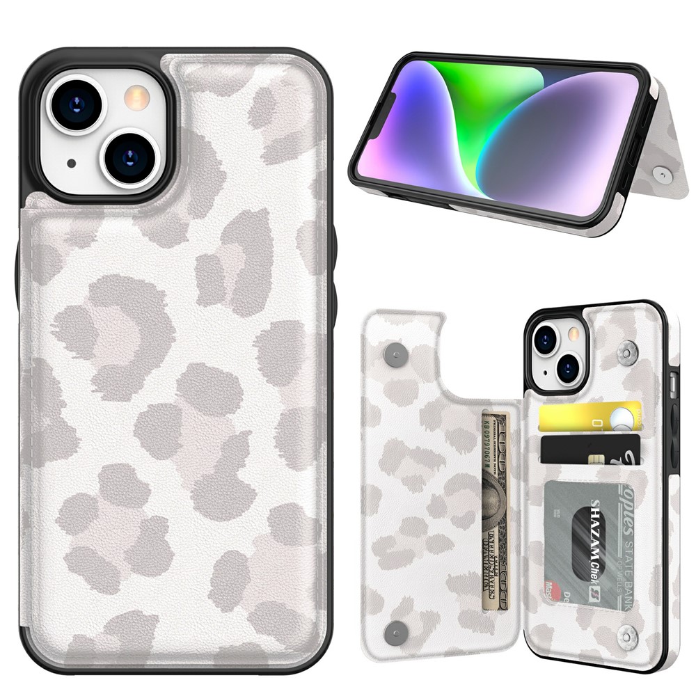 AHASTYLE WG08 For iPhone 14 Case Pattern Printing Wallet Kickstand Anti Drop Leather Phone Back Cover - Leopard