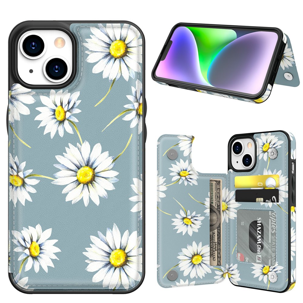 AHASTYLE WG08 For iPhone 14 Case Pattern Printing Wallet Kickstand Anti Drop Leather Phone Back Cover - Daisy