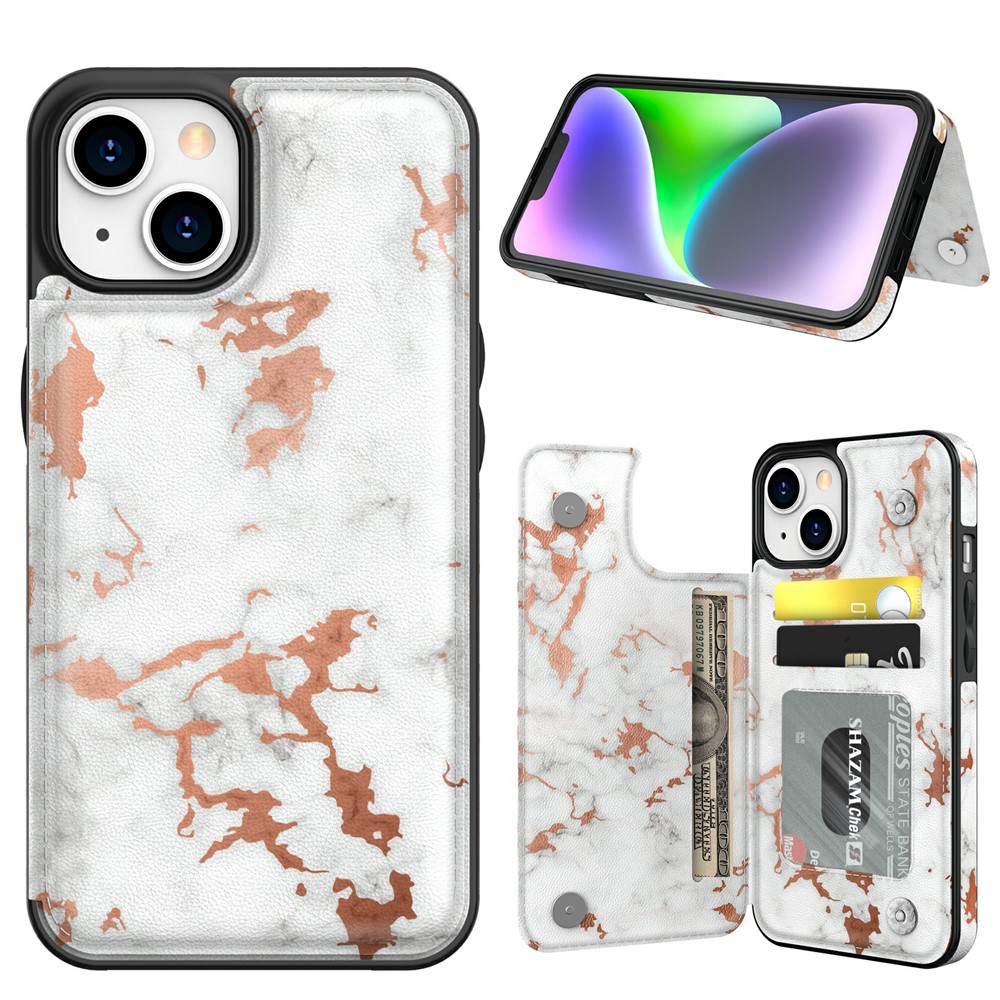 AHASTYLE WG08 For iPhone 14 Case Pattern Printing Wallet Kickstand Anti Drop Leather Phone Back Cover - Marble White