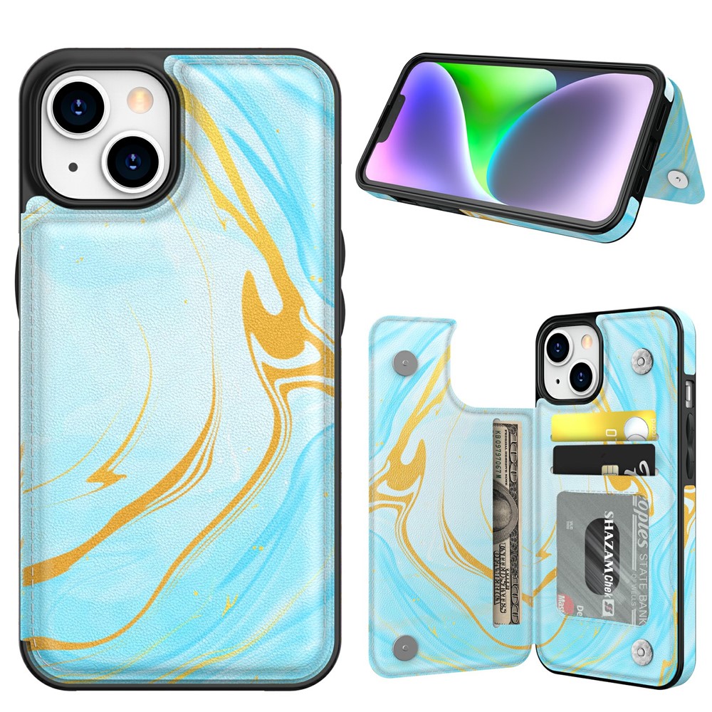 AHASTYLE WG08 For iPhone 14 Case Pattern Printing Wallet Kickstand Anti Drop Leather Phone Back Cover - Marble Green