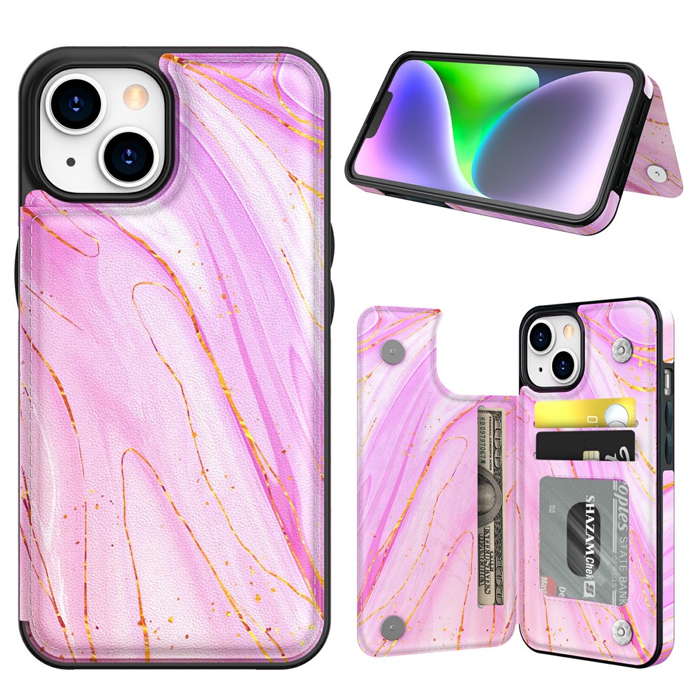 AHASTYLE WG08 For iPhone 14 Case Pattern Printing Wallet Kickstand Anti Drop Leather Phone Back Cover - Marble Purple