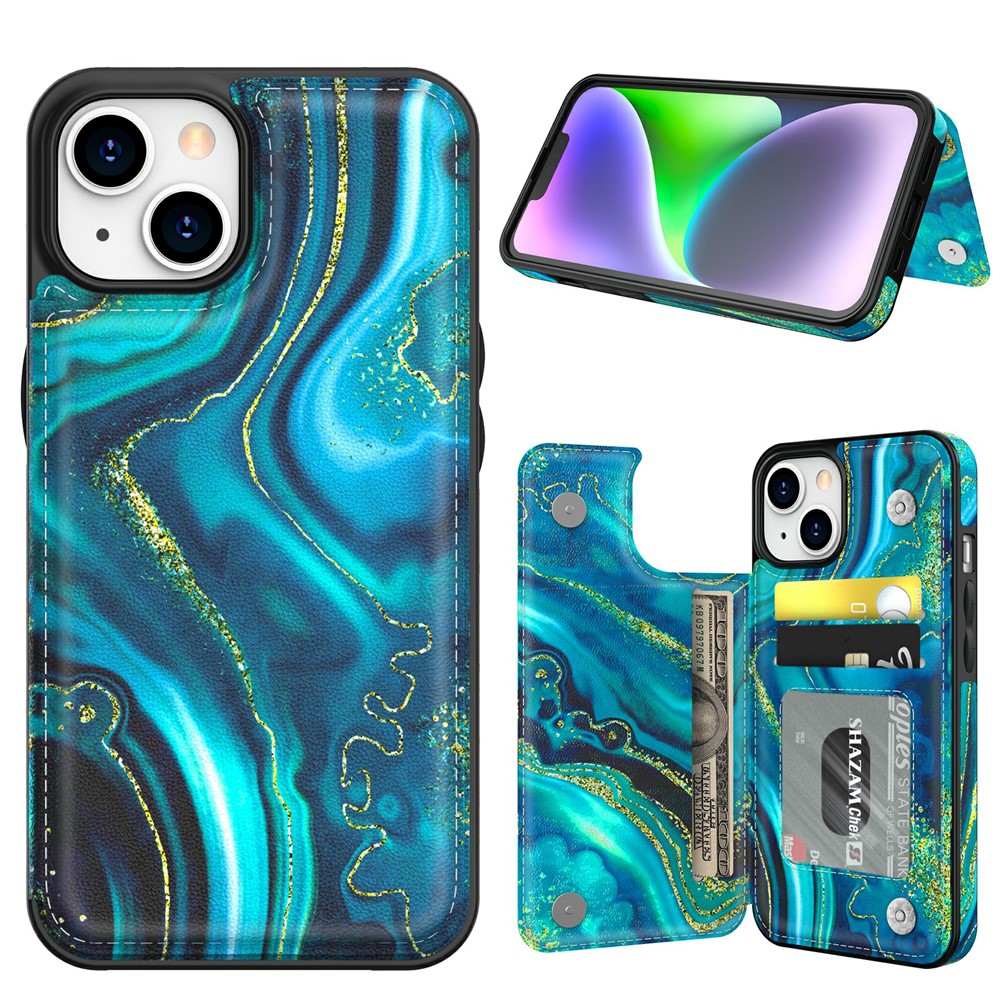 AHASTYLE WG08 For iPhone 14 Case Pattern Printing Wallet Kickstand Anti Drop Leather Phone Back Cover - Malachite