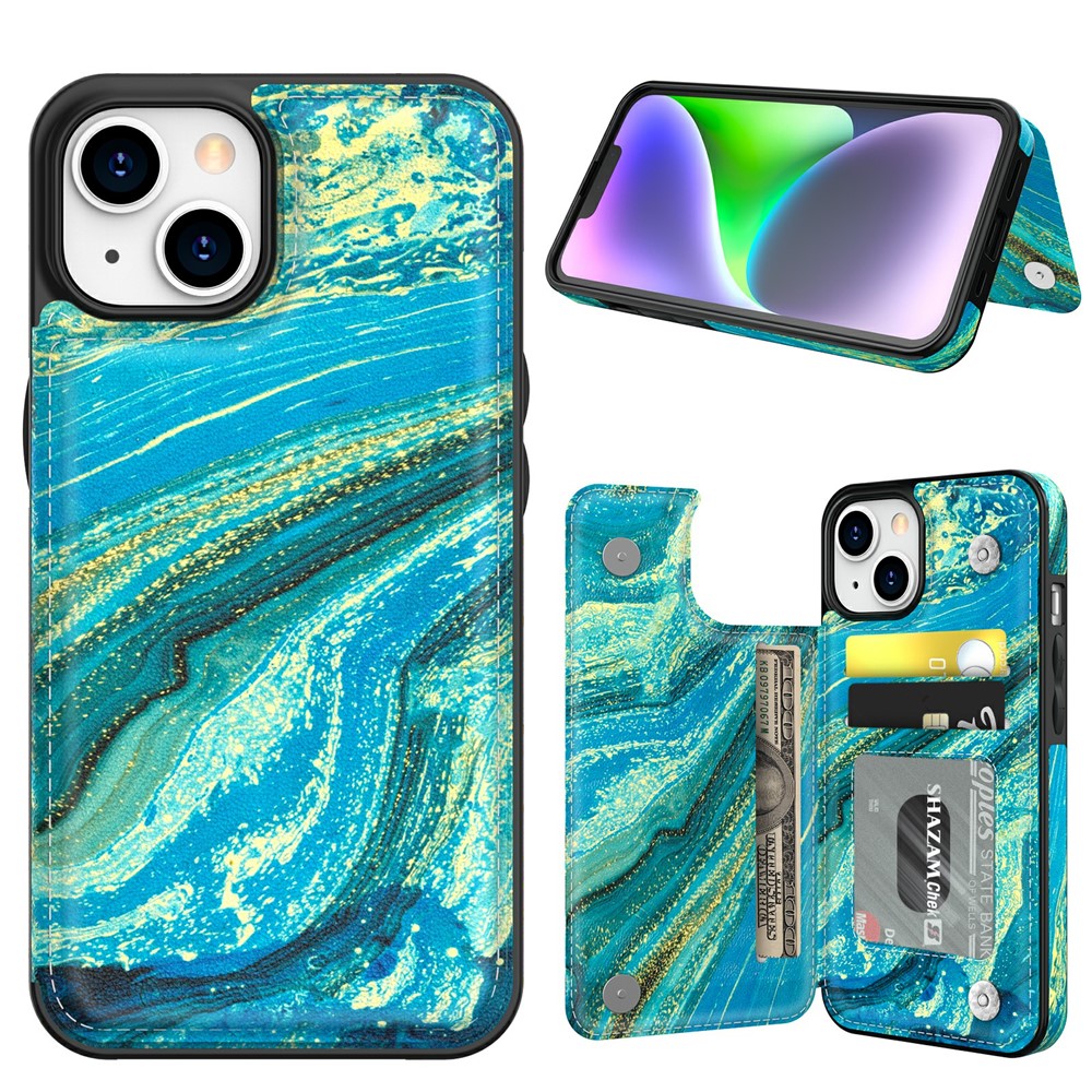 AHASTYLE WG08 For iPhone 14 Case Pattern Printing Wallet Kickstand Anti Drop Leather Phone Back Cover - Blue Green