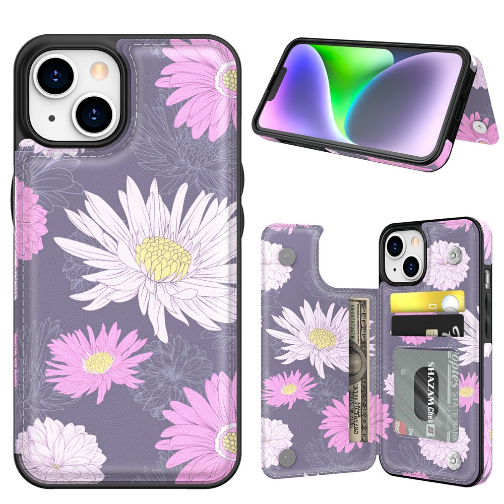 AHASTYLE WG08 For iPhone 14 Case Pattern Printing Wallet Kickstand Anti Drop Leather Phone Back Cover - Double Chrysanthemum
