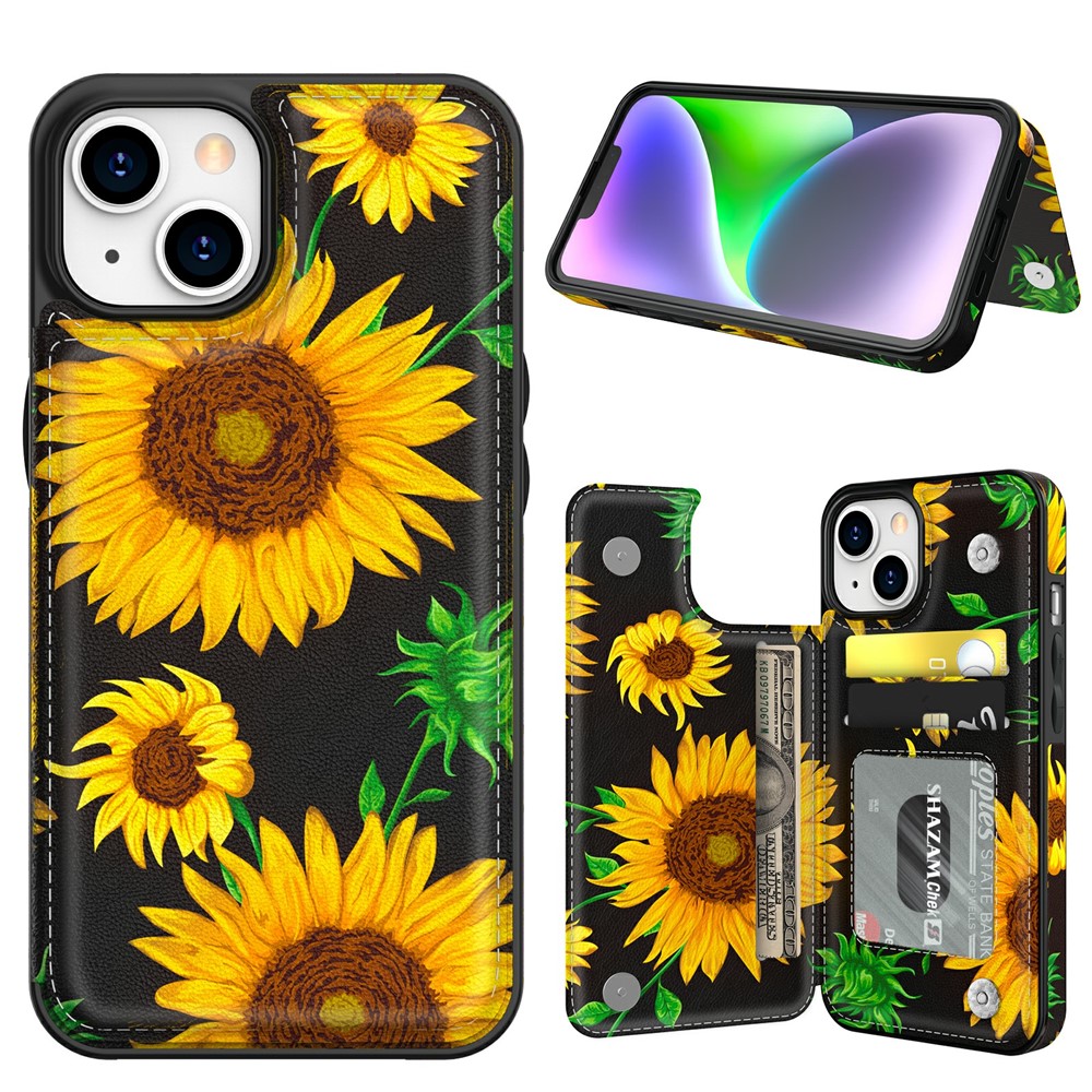 AHASTYLE WG08 For iPhone 14 Case Pattern Printing Wallet Kickstand Anti Drop Leather Phone Back Cover - Sunflower