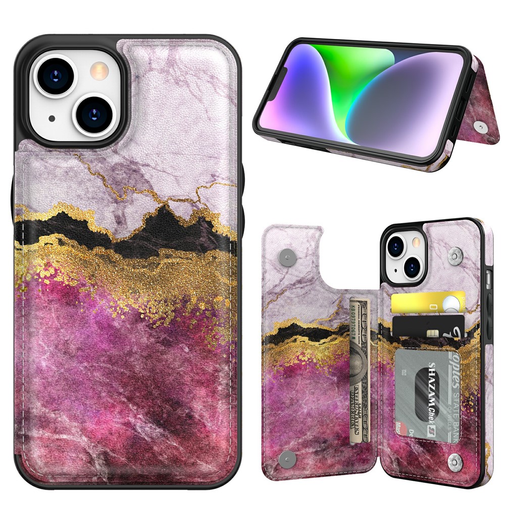 AHASTYLE WG08 For iPhone 14 Case Pattern Printing Wallet Kickstand Anti Drop Leather Phone Back Cover - Purple