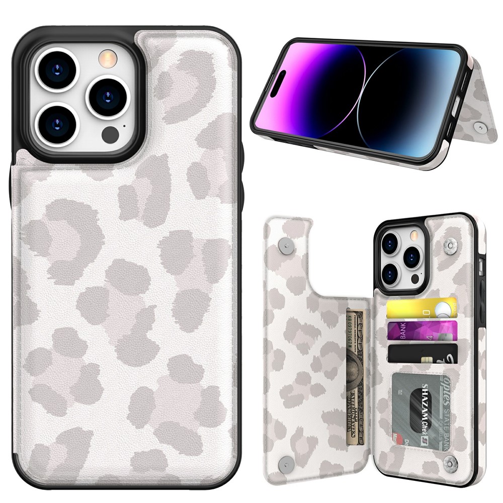 AHASTYLE WG08 For iPhone 14 Pro Max Case Pattern Printing Wallet Kickstand Anti Drop Leather Phone Back Cover - Leopard