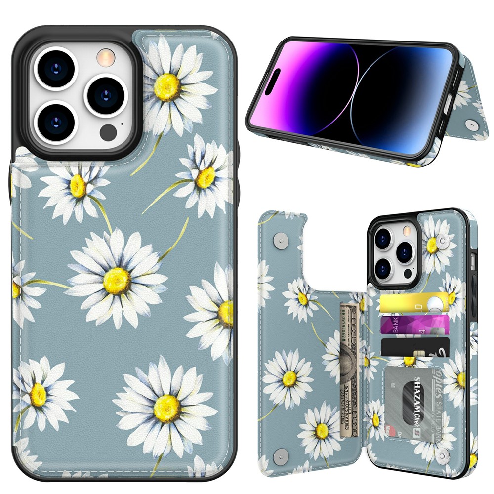 AHASTYLE WG08 For iPhone 14 Pro Max Case Pattern Printing Wallet Kickstand Anti Drop Leather Phone Back Cover - Daisy