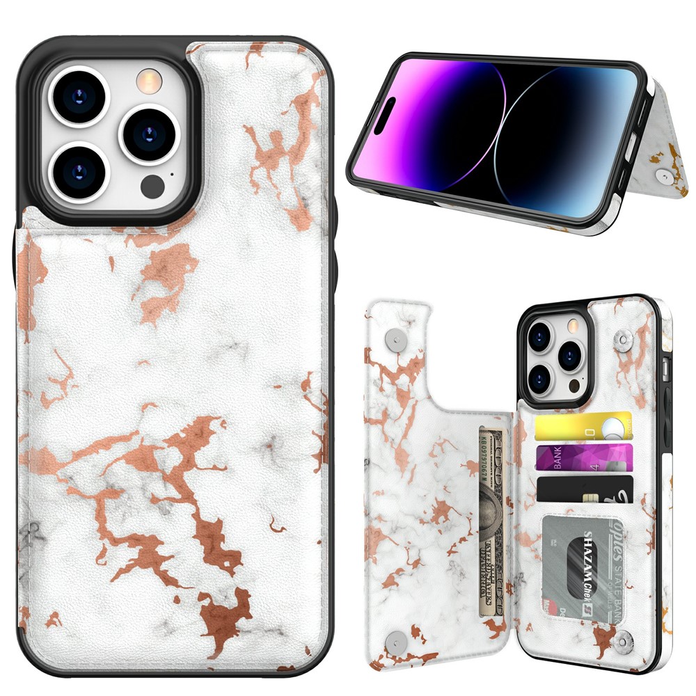 AHASTYLE WG08 For iPhone 14 Pro Max Case Pattern Printing Wallet Kickstand Anti Drop Leather Phone Back Cover - Marble White
