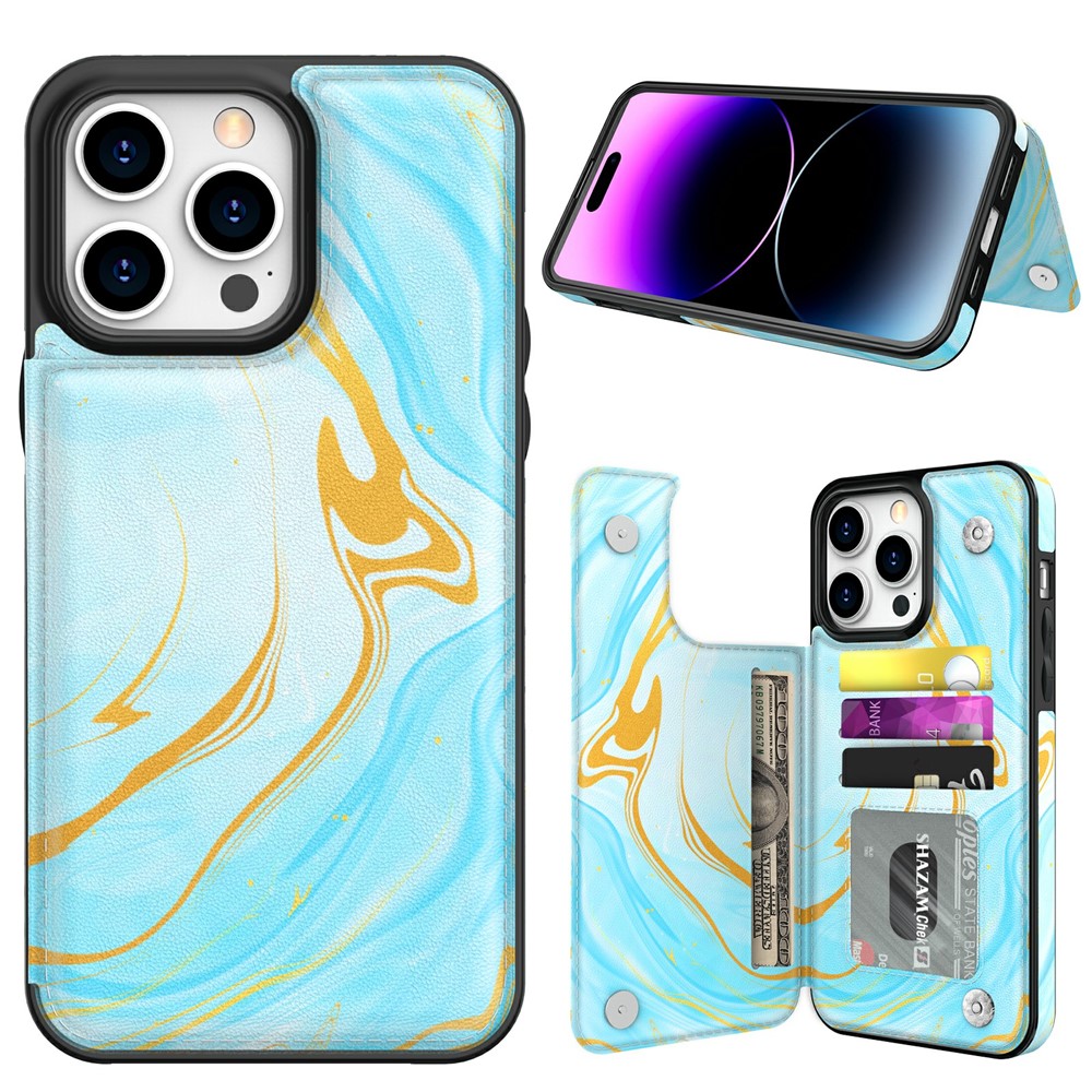 AHASTYLE WG08 For iPhone 14 Pro Max Case Pattern Printing Wallet Kickstand Anti Drop Leather Phone Back Cover - Marble Green