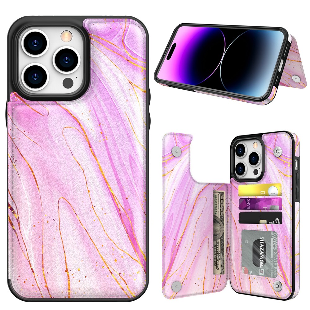 AHASTYLE WG08 For iPhone 14 Pro Max Case Pattern Printing Wallet Kickstand Anti Drop Leather Phone Back Cover - Marble Purple