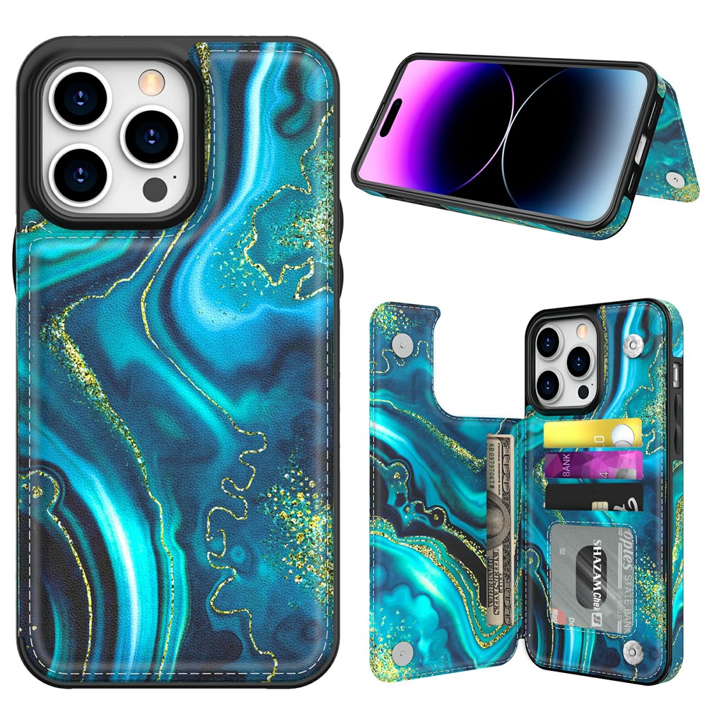 AHASTYLE WG08 For iPhone 14 Pro Max Case Pattern Printing Wallet Kickstand Anti Drop Leather Phone Back Cover - Malachite