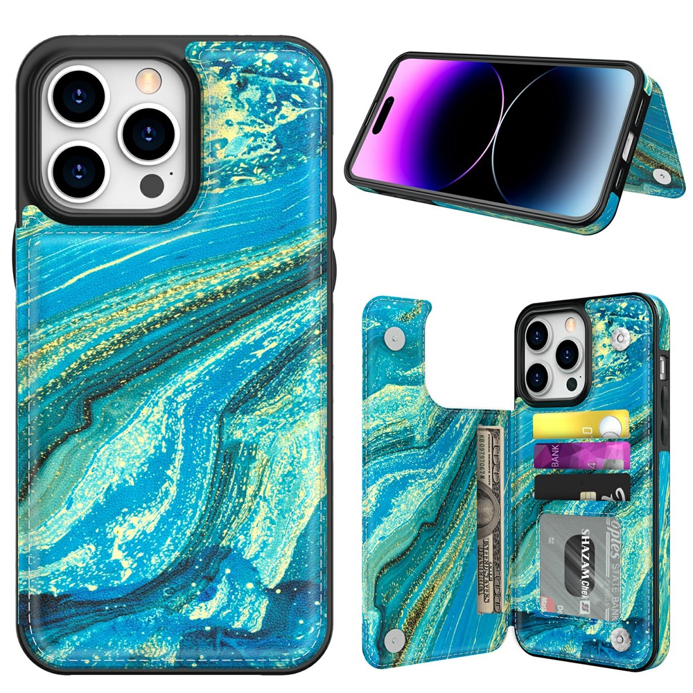 AHASTYLE WG08 For iPhone 14 Pro Max Case Pattern Printing Wallet Kickstand Anti Drop Leather Phone Back Cover - Blue Green