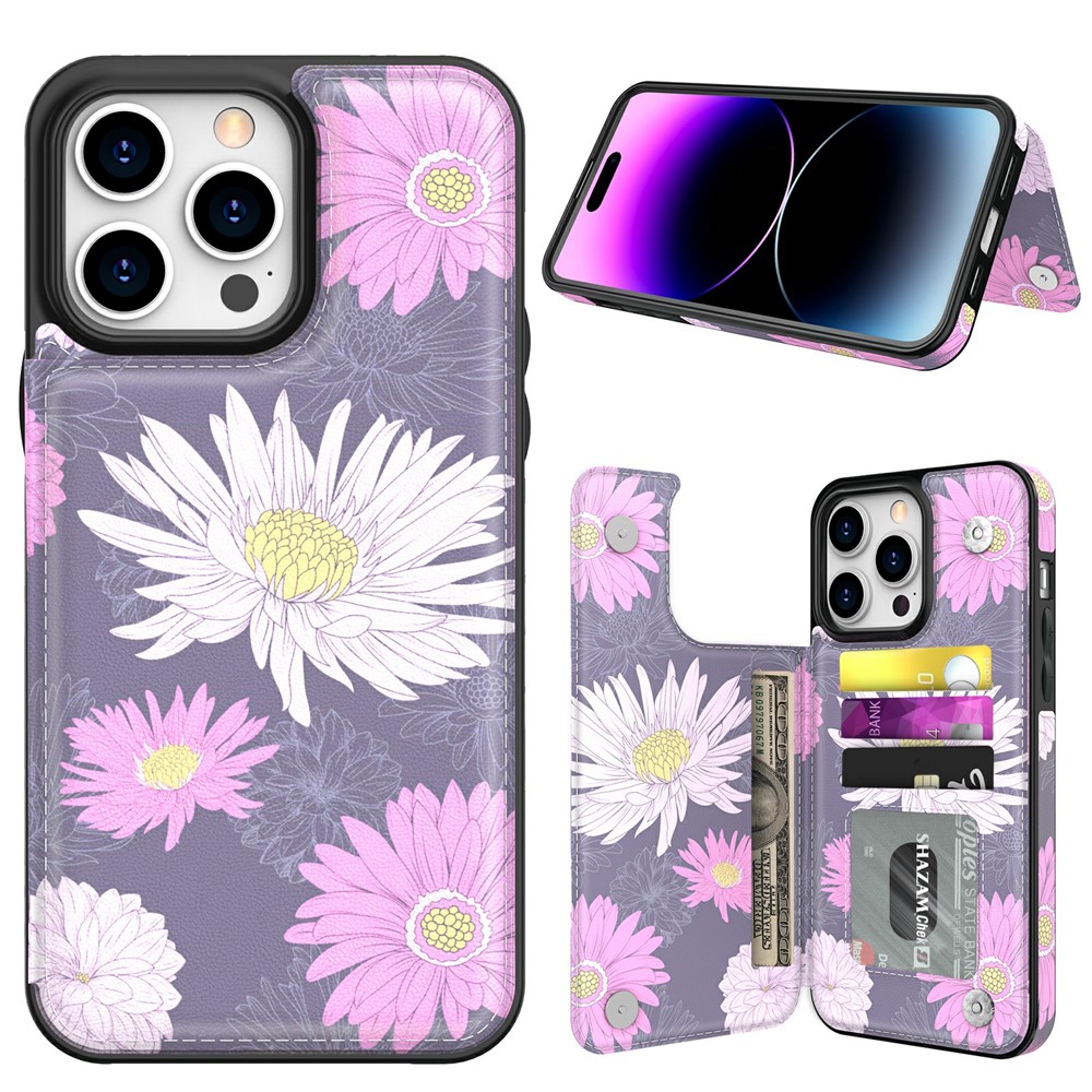 AHASTYLE WG08 For iPhone 14 Pro Max Case Pattern Printing Wallet Kickstand Anti Drop Leather Phone Back Cover - Double Chrysanthemum