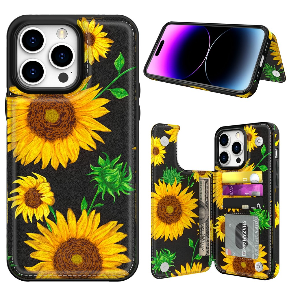 AHASTYLE WG08 For iPhone 14 Pro Max Case Pattern Printing Wallet Kickstand Anti Drop Leather Phone Back Cover - Sunflower