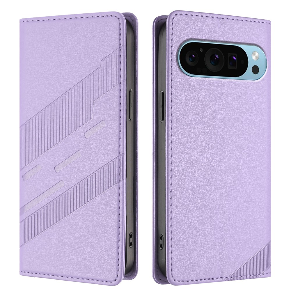 For Google Pixel 9 Pro Phone Cases Punk Style Imprinted Wallet Stand Leather Cover - Light Purple