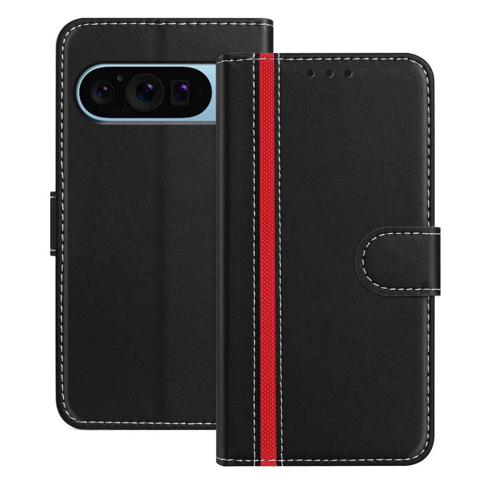 For Google Pixel 9 Pro Phone Cases Wallet Stand Color Splicing Leather Cover with Magnetic Clasp - Black