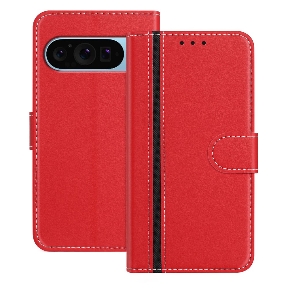 For Google Pixel 9 Phone Cases Wallet Stand Color Splicing Leather Cover with Magnetic Clasp - Red