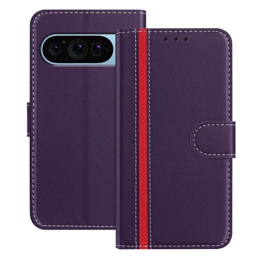 For Google Pixel 9 Phone Cases Wallet Stand Color Splicing Leather Cover with Magnetic Clasp - Purple
