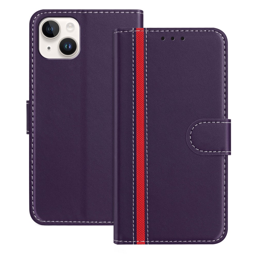 For iPhone 15 Plus Phone Cases Wallet Stand Color Splicing Leather Cover with Magnetic Clasp - Purple