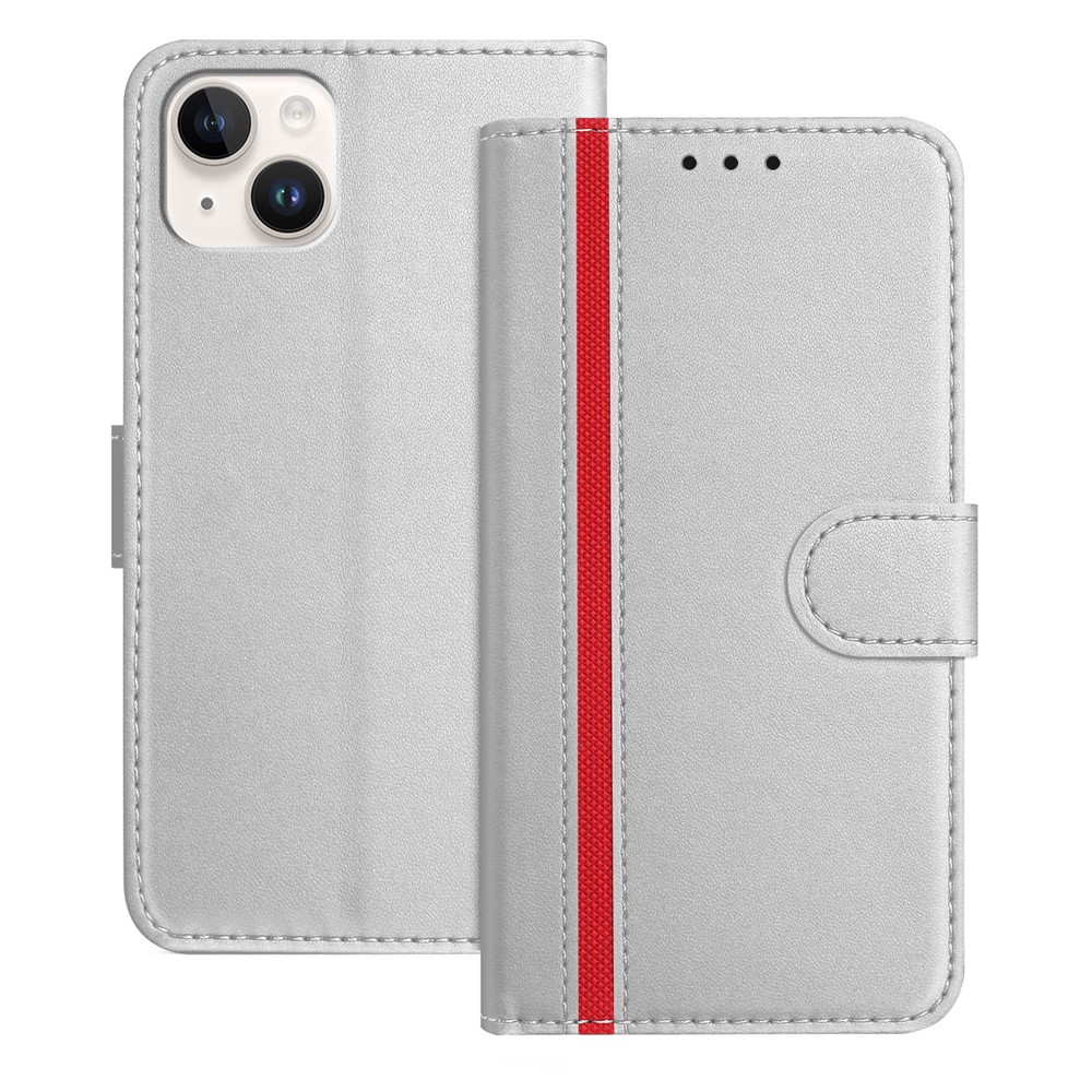 For iPhone 15 Plus Phone Cases Wallet Stand Color Splicing Leather Cover with Magnetic Clasp - Silver