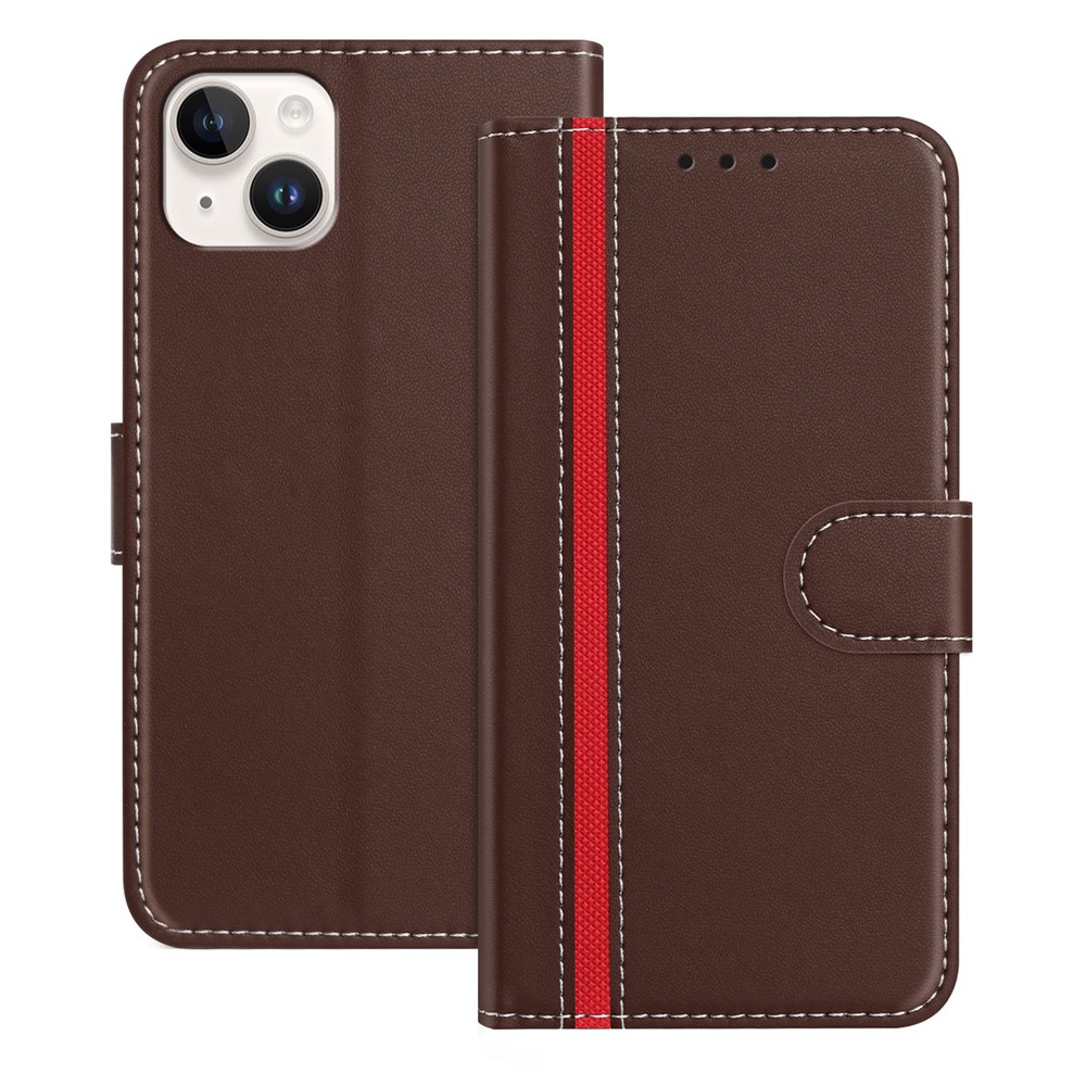 For iPhone 15 Plus Phone Cases Wallet Stand Color Splicing Leather Cover with Magnetic Clasp - Brown
