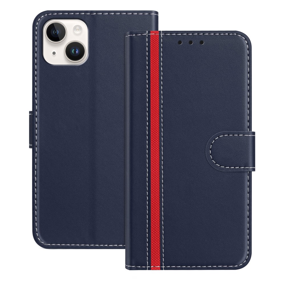 For iPhone 15 Plus Phone Cases Wallet Stand Color Splicing Leather Cover with Magnetic Clasp - Blue