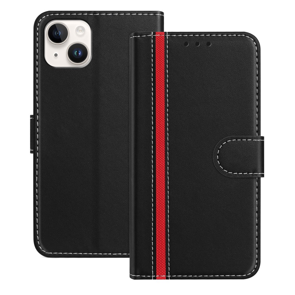 For iPhone 15 Plus Phone Cases Wallet Stand Color Splicing Leather Cover with Magnetic Clasp - Black