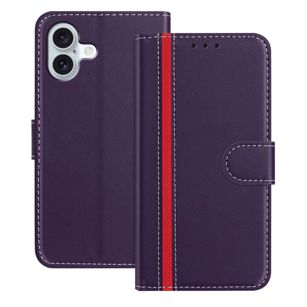 For iPhone 16 Plus Phone Cases Wallet Stand Color Splicing Leather Cover with Magnetic Clasp - Purple