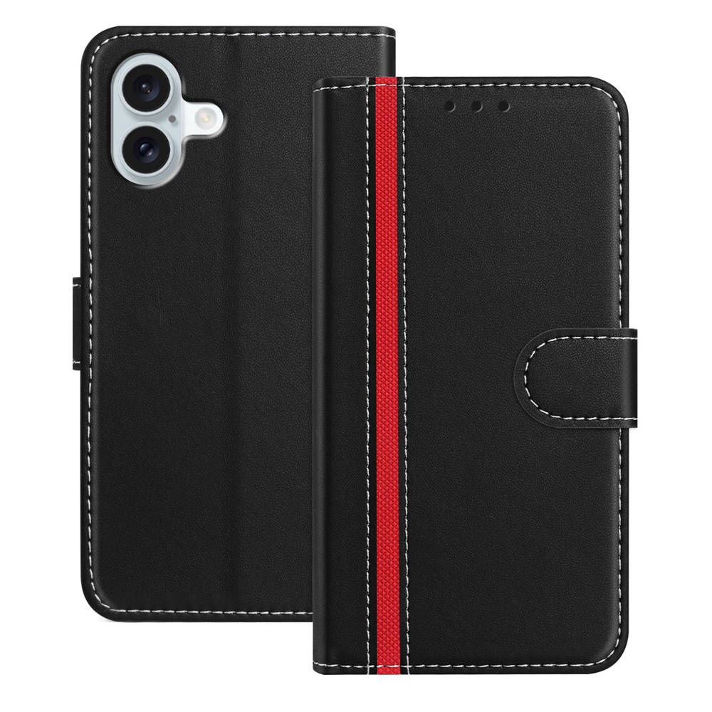 For iPhone 16 Plus Phone Cases Wallet Stand Color Splicing Leather Cover with Magnetic Clasp - Black