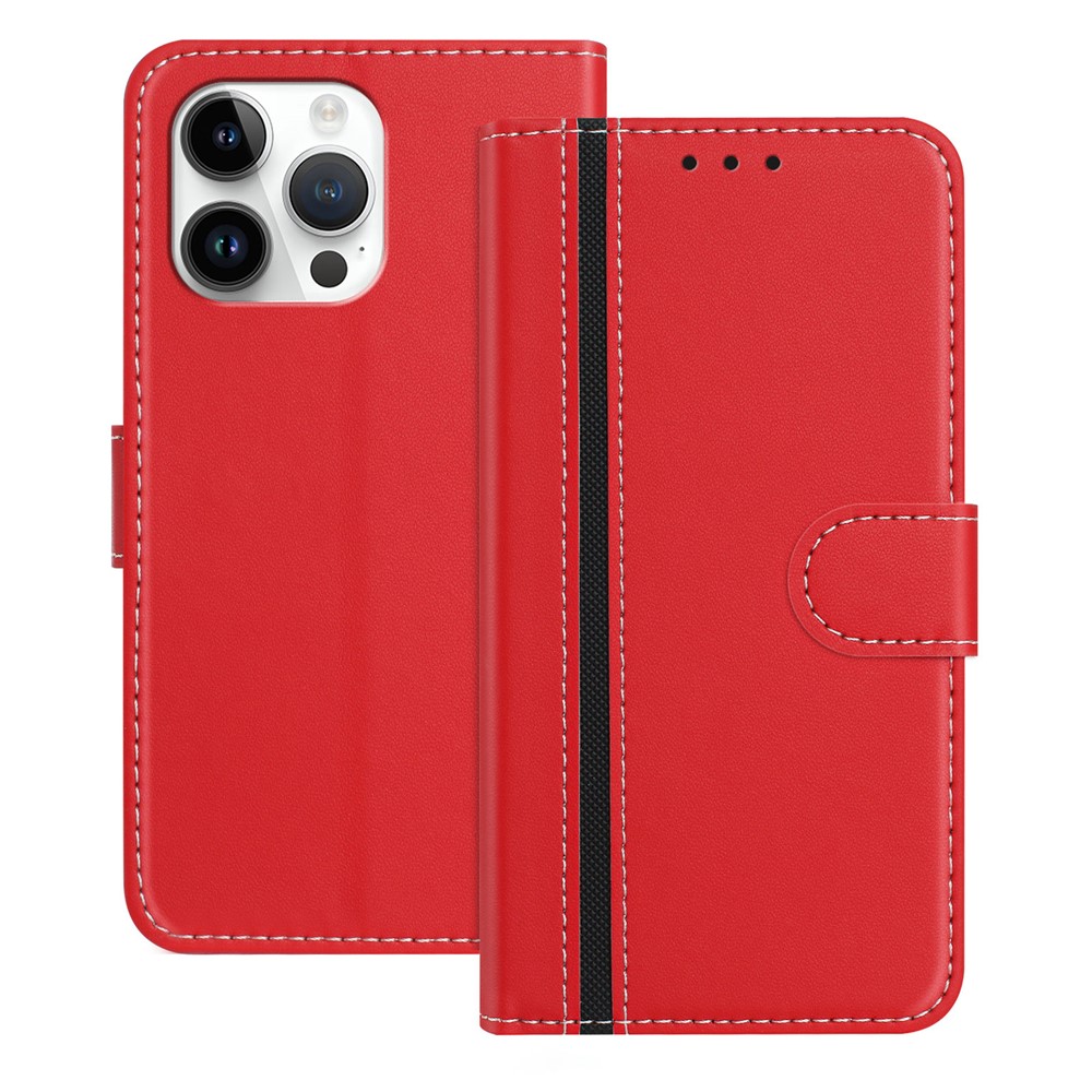 For iPhone 15 Pro Max Phone Cases Wallet Stand Color Splicing Leather Cover with Magnetic Clasp - Red
