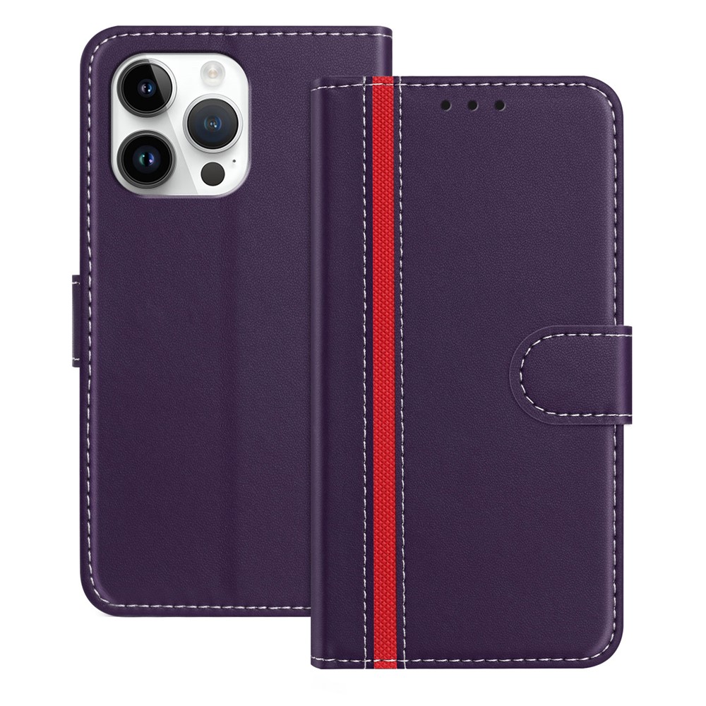 For iPhone 15 Pro Max Phone Cases Wallet Stand Color Splicing Leather Cover with Magnetic Clasp - Purple