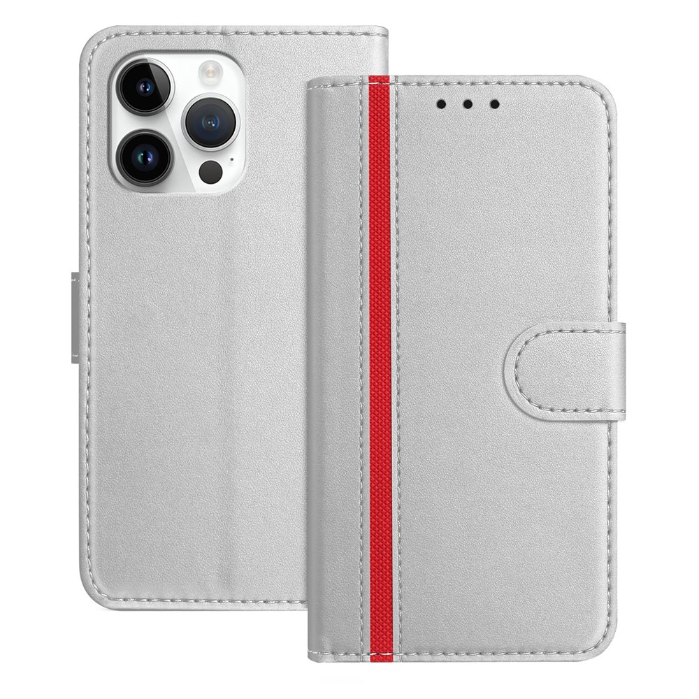 For iPhone 15 Pro Max Phone Cases Wallet Stand Color Splicing Leather Cover with Magnetic Clasp - Silver