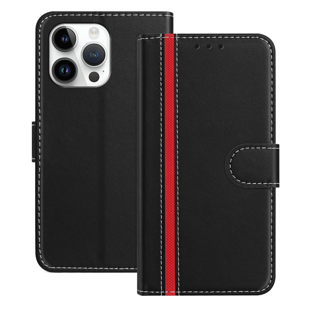 For iPhone 15 Pro Max Phone Cases Wallet Stand Color Splicing Leather Cover with Magnetic Clasp - Black