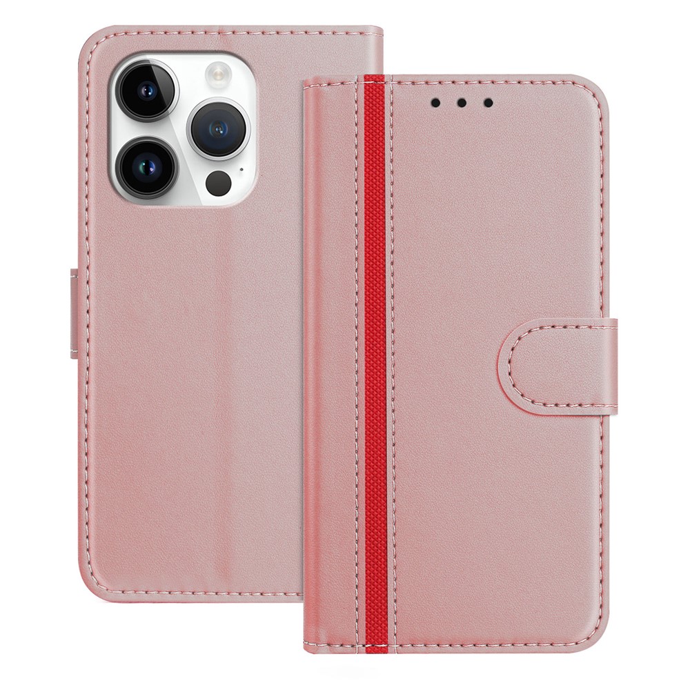 For iPhone 15 Pro Phone Cases Wallet Stand Color Splicing Leather Cover with Magnetic Clasp - Rose Gold
