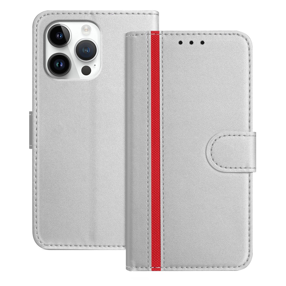 For iPhone 16 Pro Max Phone Cases Wallet Stand Color Splicing Leather Cover with Magnetic Clasp - Silver