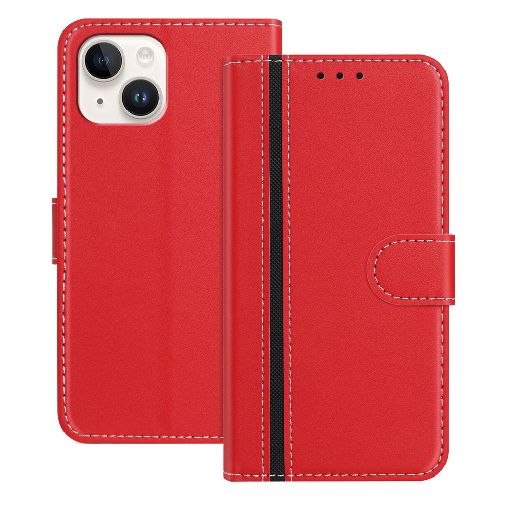 For iPhone 15 Phone Cases Wallet Stand Color Splicing Leather Cover with Magnetic Clasp - Red