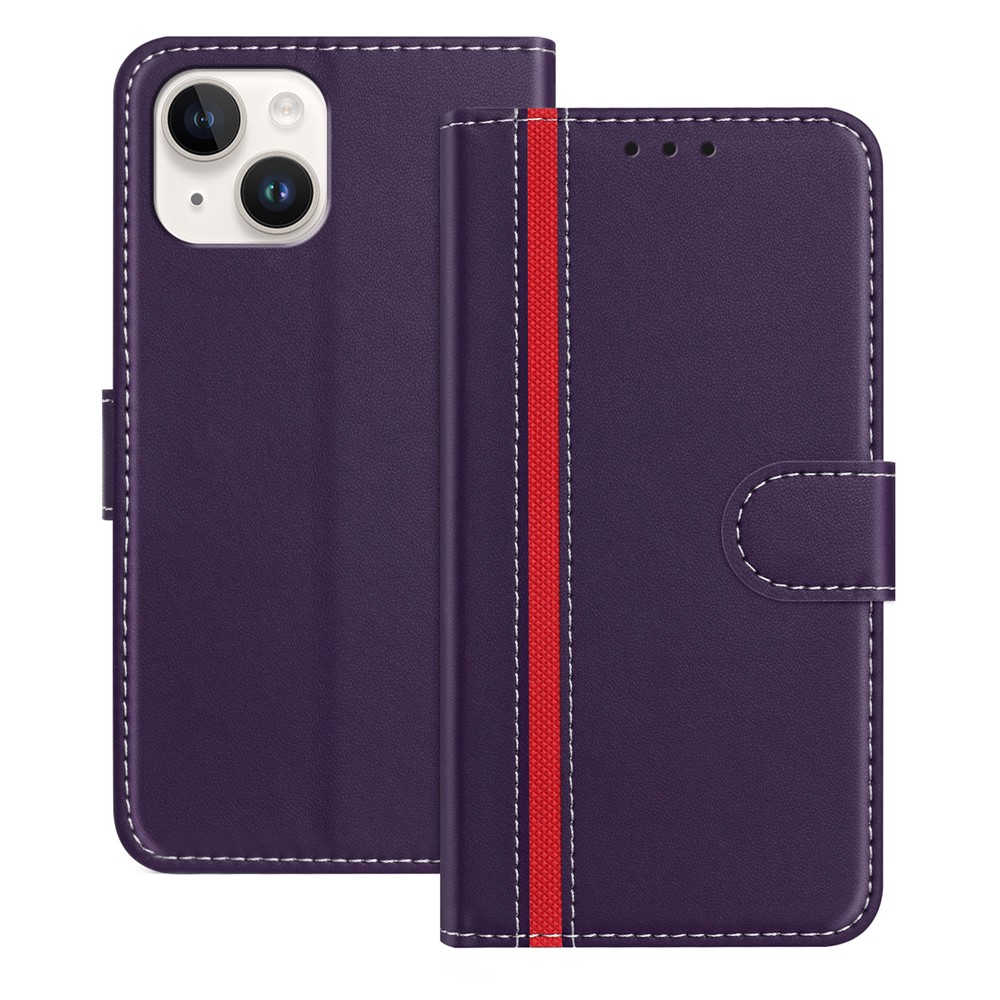 For iPhone 15 Phone Cases Wallet Stand Color Splicing Leather Cover with Magnetic Clasp - Purple
