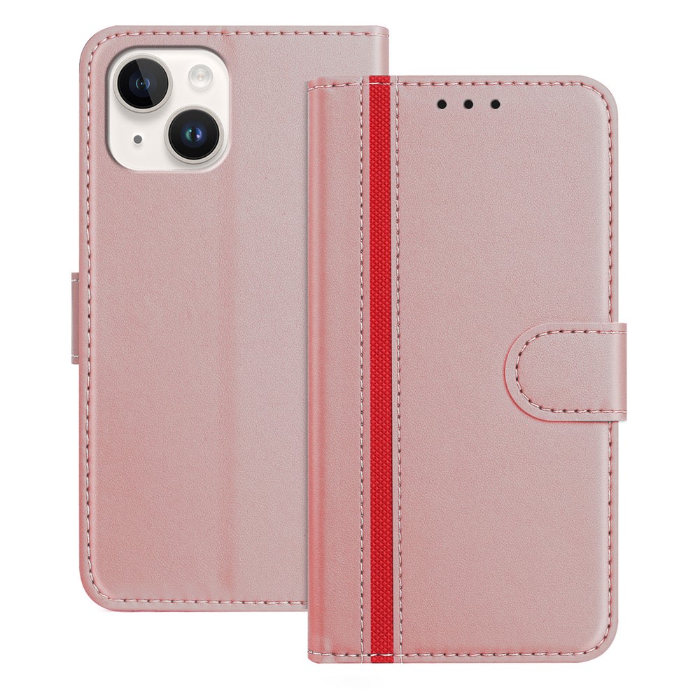 For iPhone 15 Phone Cases Wallet Stand Color Splicing Leather Cover with Magnetic Clasp - Rose Gold