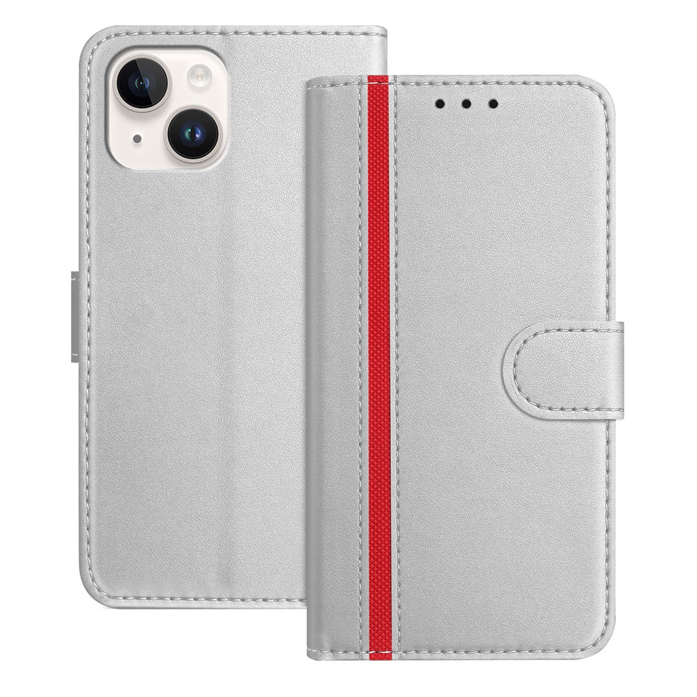 For iPhone 15 Phone Cases Wallet Stand Color Splicing Leather Cover with Magnetic Clasp - Silver