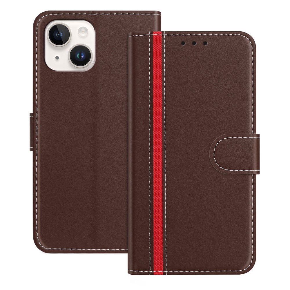 For iPhone 15 Phone Cases Wallet Stand Color Splicing Leather Cover with Magnetic Clasp - Brown