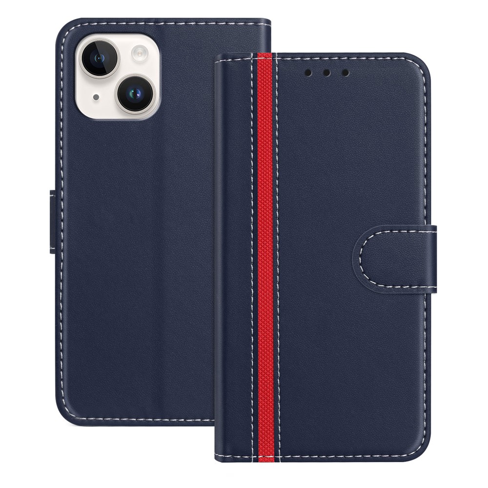 For iPhone 15 Phone Cases Wallet Stand Color Splicing Leather Cover with Magnetic Clasp - Blue
