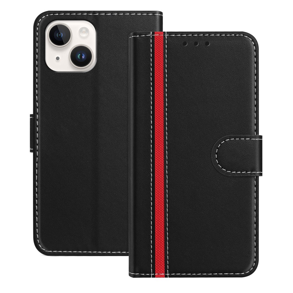 For iPhone 15 Phone Cases Wallet Stand Color Splicing Leather Cover with Magnetic Clasp - Black