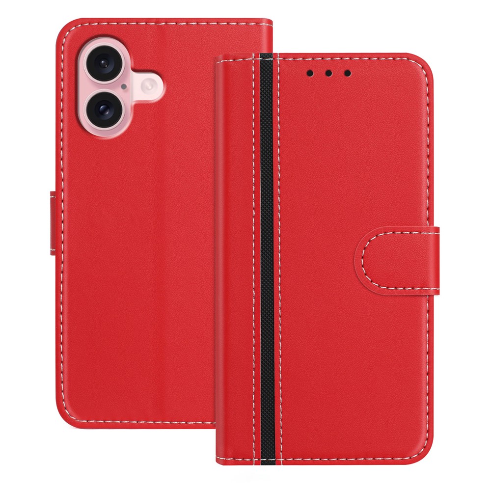 For iPhone 16 Phone Cases Wallet Stand Color Splicing Leather Cover with Magnetic Clasp - Red