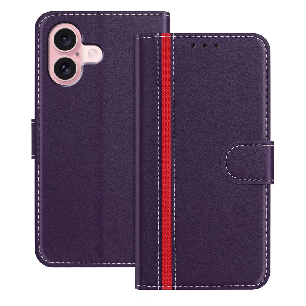 For iPhone 16 Phone Cases Wallet Stand Color Splicing Leather Cover with Magnetic Clasp - Purple