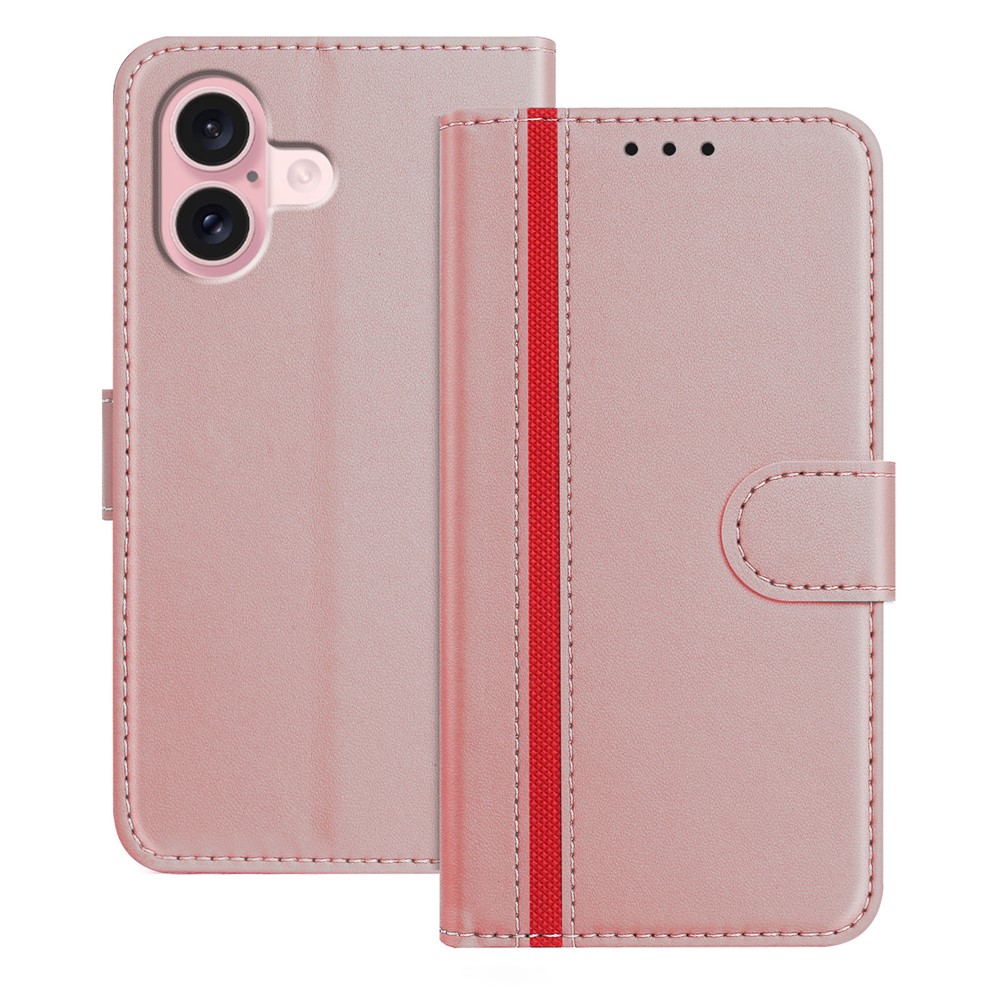 For iPhone 16 Phone Cases Wallet Stand Color Splicing Leather Cover with Magnetic Clasp - Rose Gold