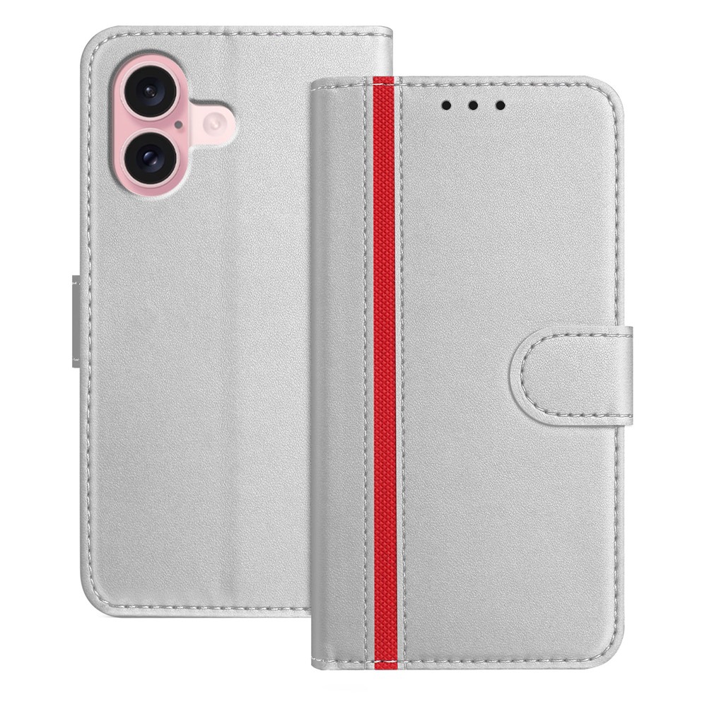 For iPhone 16 Phone Cases Wallet Stand Color Splicing Leather Cover with Magnetic Clasp - Silver