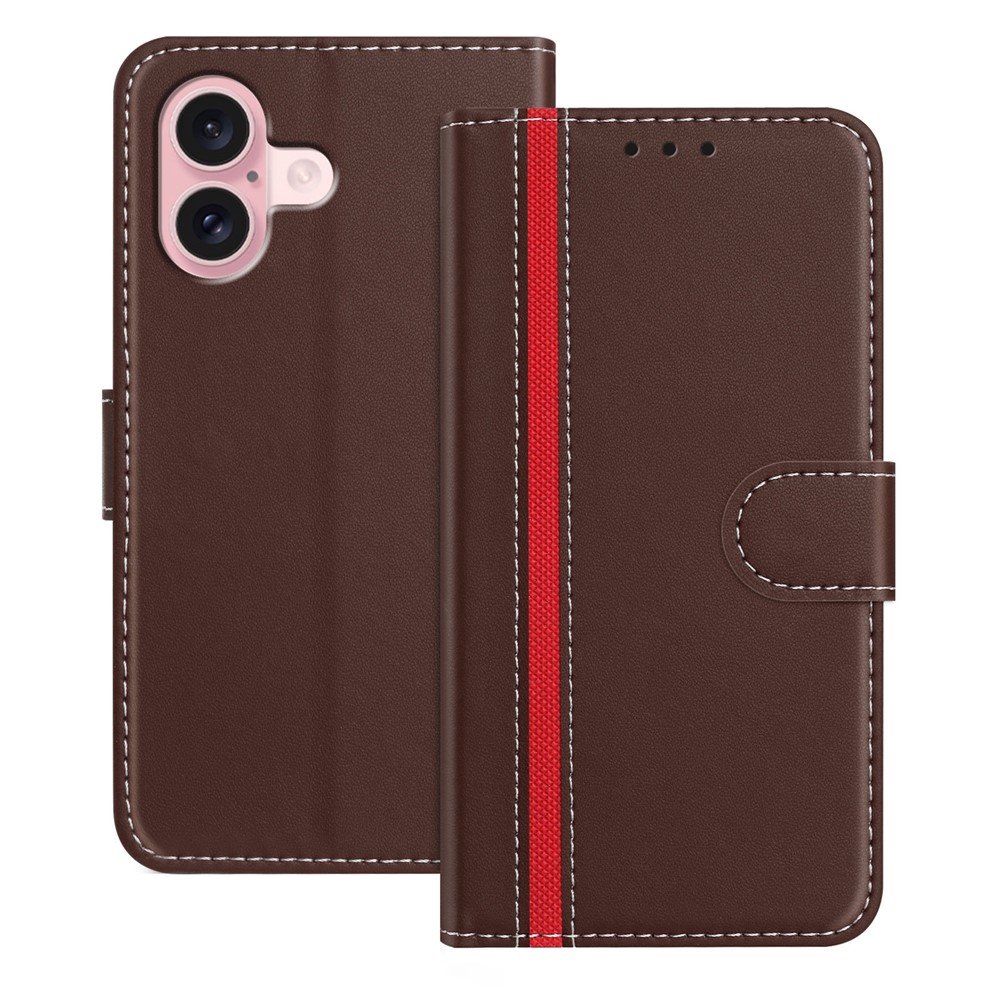 For iPhone 16 Phone Cases Wallet Stand Color Splicing Leather Cover with Magnetic Clasp - Brown