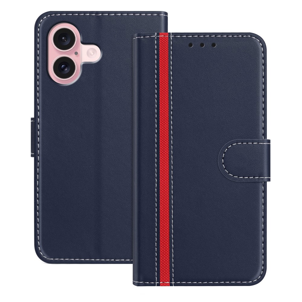 For iPhone 16 Phone Cases Wallet Stand Color Splicing Leather Cover with Magnetic Clasp - Blue