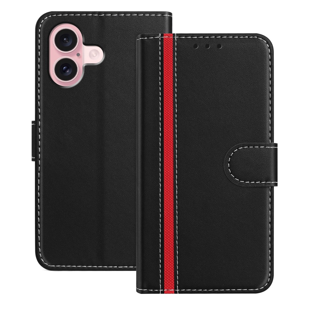 For iPhone 16 Phone Cases Wallet Stand Color Splicing Leather Cover with Magnetic Clasp - Black